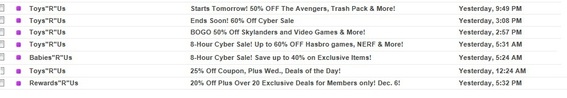 Toys"R"Us sent seven emails in one day, prompting the author to unsubscribe.
