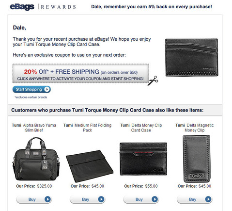 eBags personalizes its emails with customer names and exclusive offers.