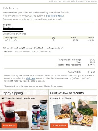 This order confirmation from Shutterfly includes offers for complementary items.