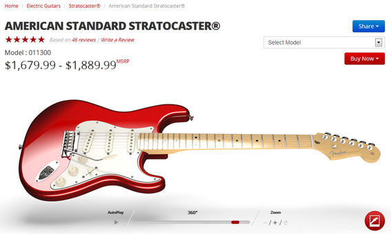 Fender uses a 3D product rotator to display its Stratocaster series guitars.