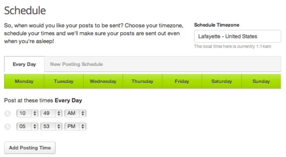 Users can schedule posting dates and times for each social profile.