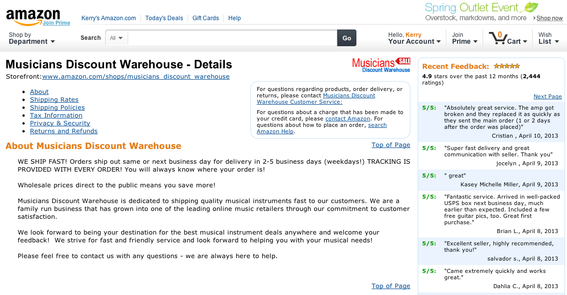 Detailed seller information for Musicians Discount Warehouse, which sells musical instruments on Amazon.