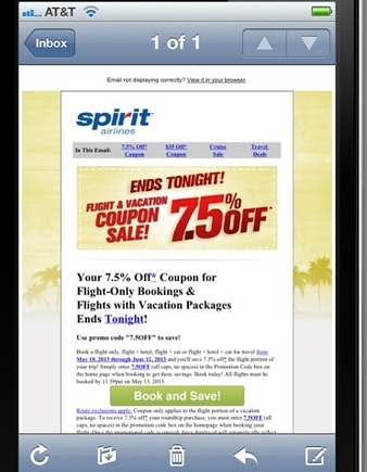 Spirit Airlines email on an iPhone.