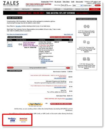 Zales.com cart summary page, with Verified by Visa and MasterCard SecureCode logos in lower left.