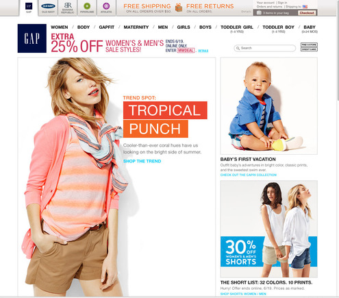 The Gap's home page. 