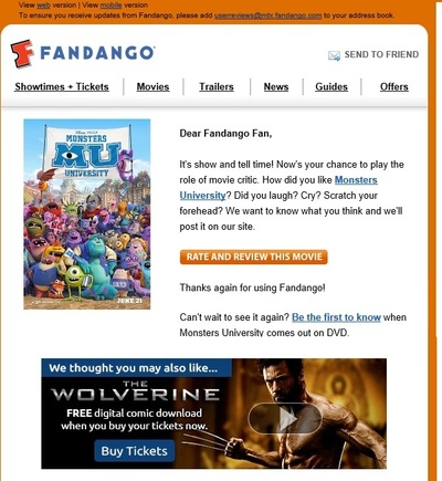 Fandango follows up ticket purchases with a timely, relevant email.