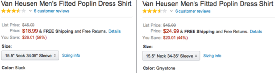 Amazon uses color to display different prices for the same product.