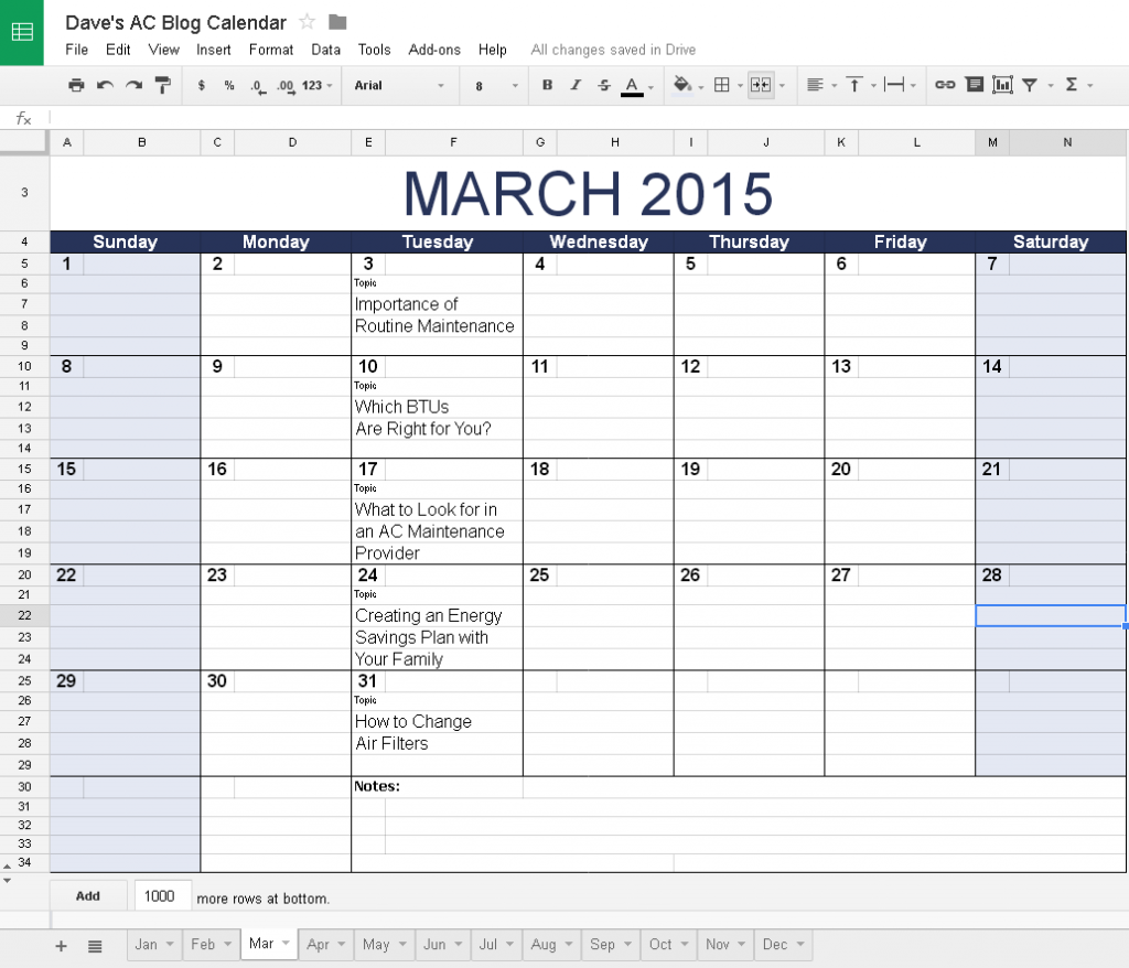 Set up a calendar listing content topics.