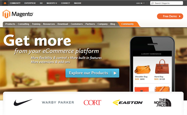 Ecommerce solution, Magento, displays its prominent customers on its home page.