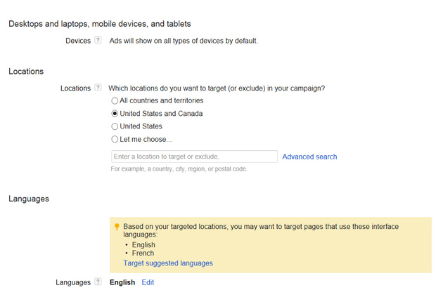 The default locations and languages for Standard AdWords campaigns.