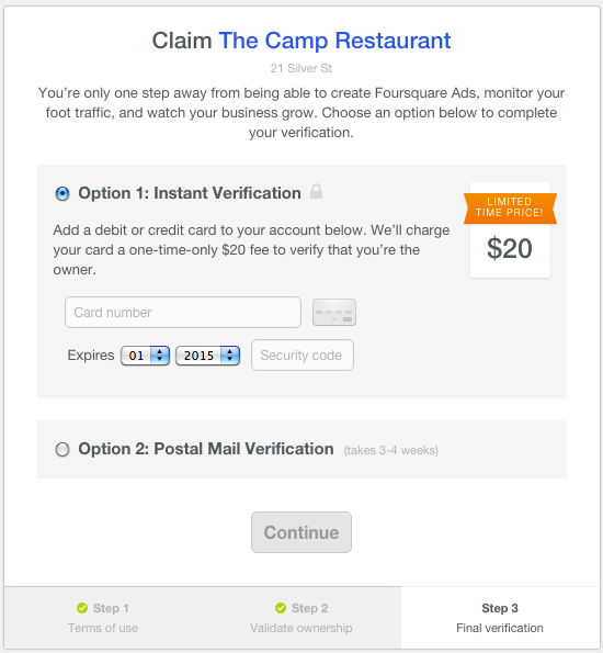Foursquare offers two ways to complete the verification process.