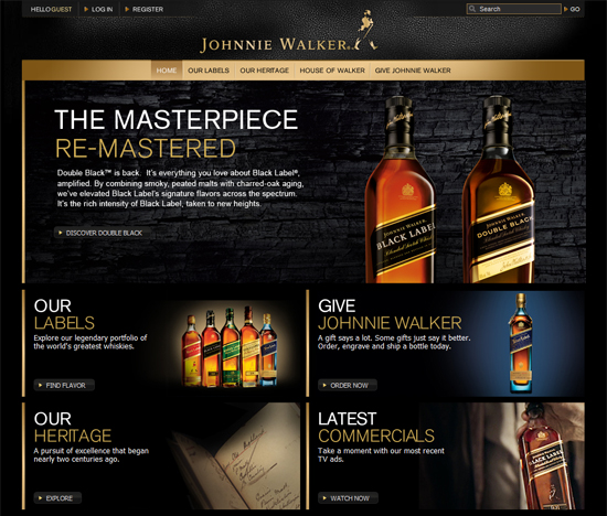 Johnnie Walker uses black and gold on its site to portray elegance.