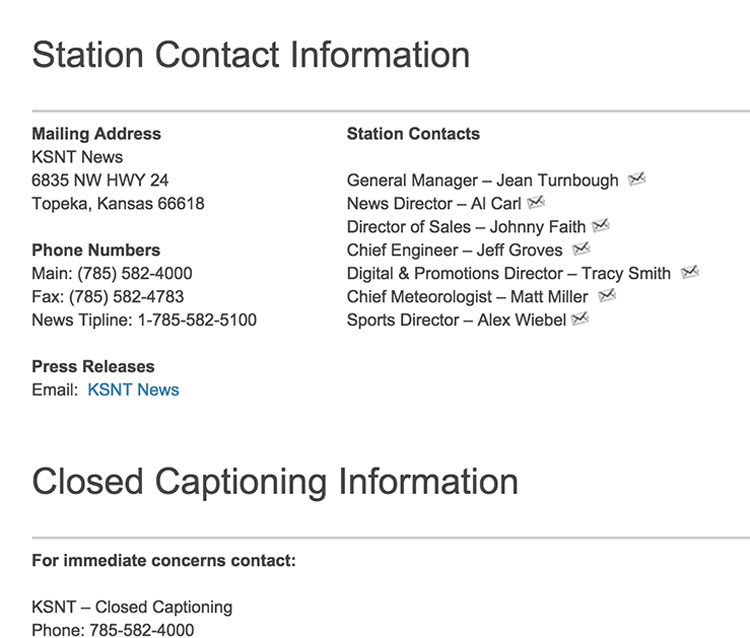 KSNT’s contact us page contains personnel and regulatory contact information.