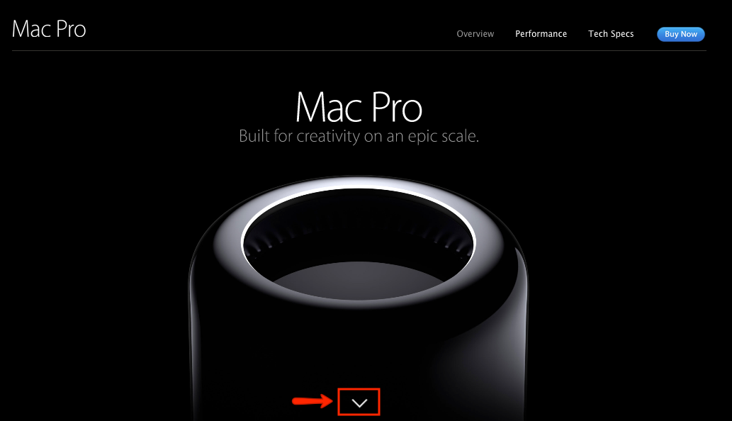 The Mac Pro site uses long scrolling. Arrow indicates there is more content to view.