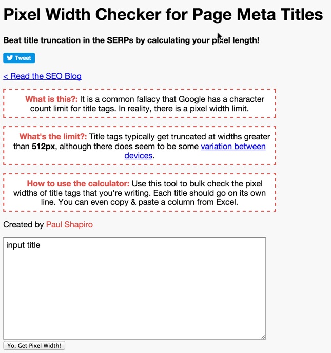 Pixel width checker for web page meta titles.