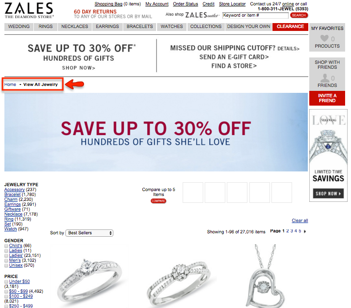 Zales's landing page said nothing about Valentine's Day.